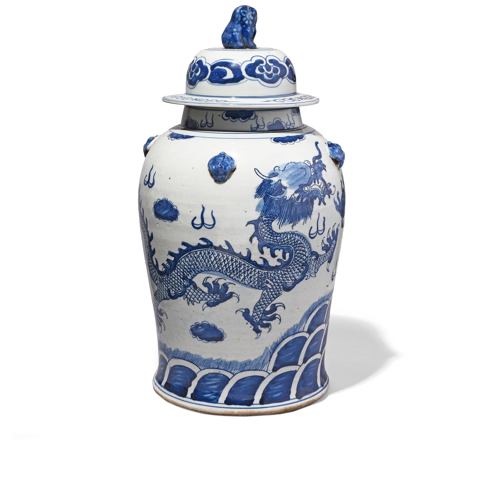 Blue & White Porcelain Temple Jar - Dragons
