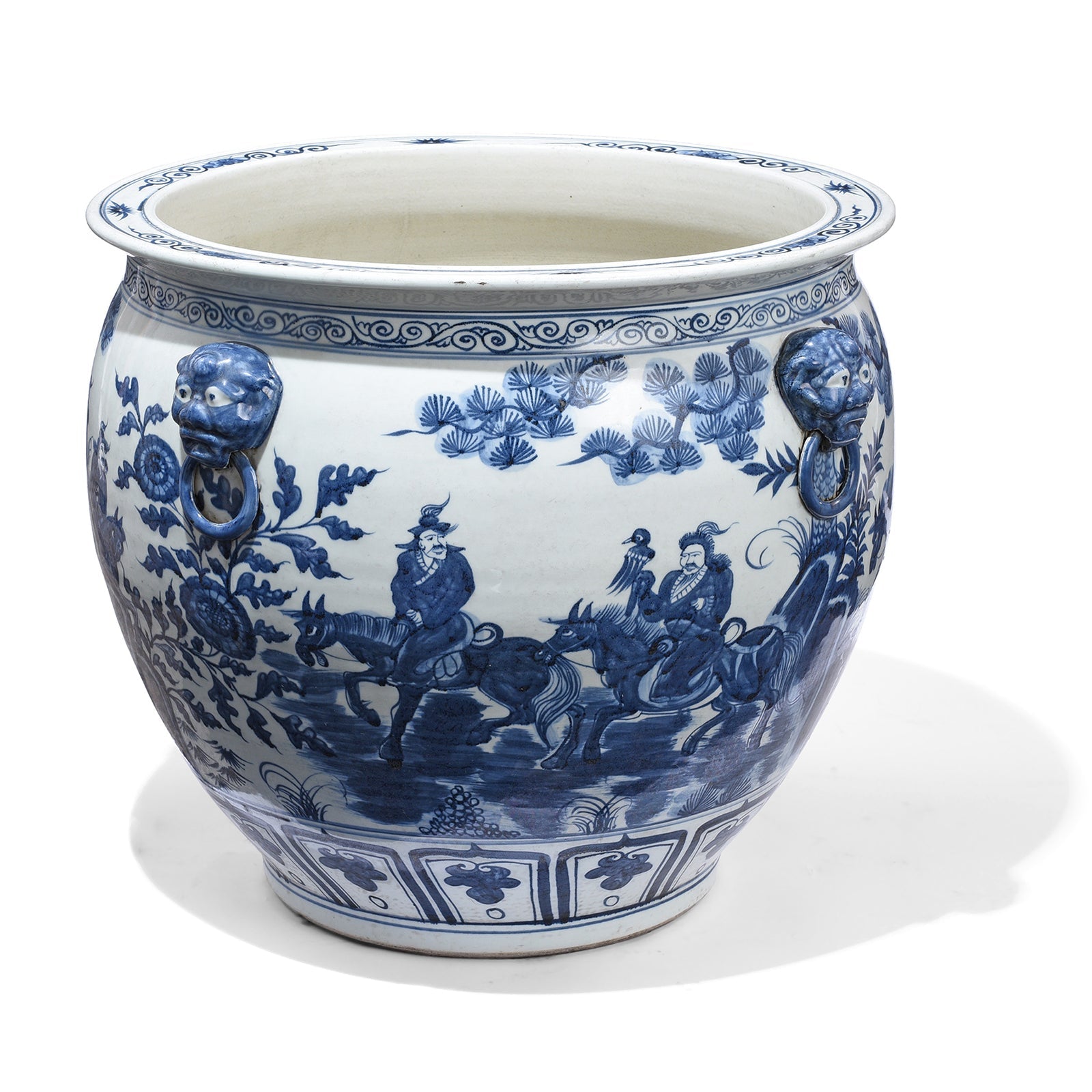 Blue & White Porcelain Fish Bowl Planter - Pastoral Scene