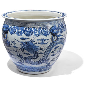Blue & White Porcelain Fish Bowl Planter - Dragon