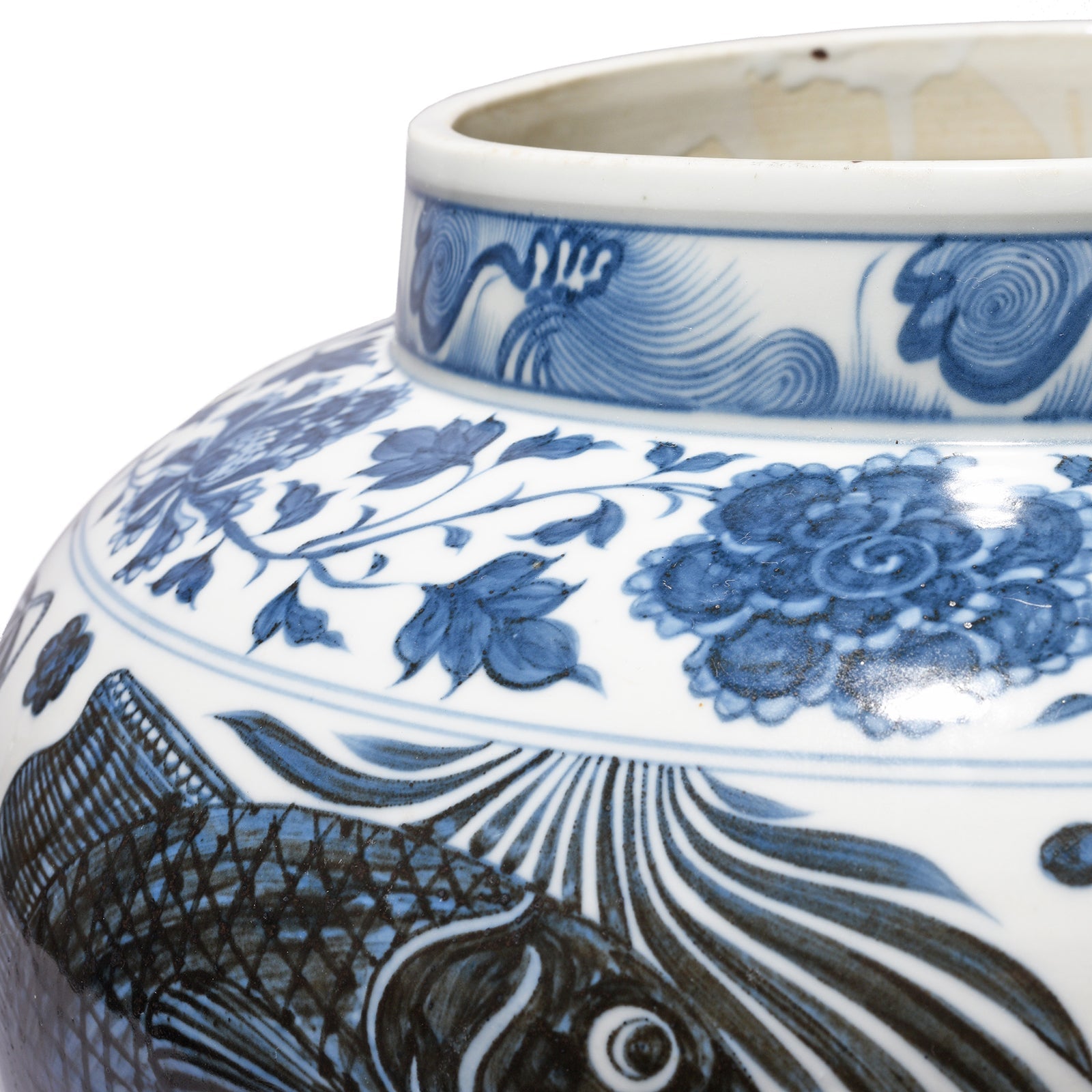 Blue & White Porcelain Jardinière - Fish Design