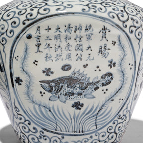 Hongwu Blue & White Porcelain Frilled Ginger Jar  - Fish