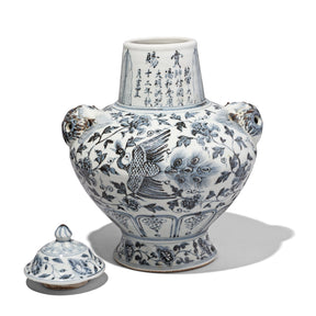 Hongwu Blue & White Porcelain Lidded Wine Jar - Peonies & Phoenix
