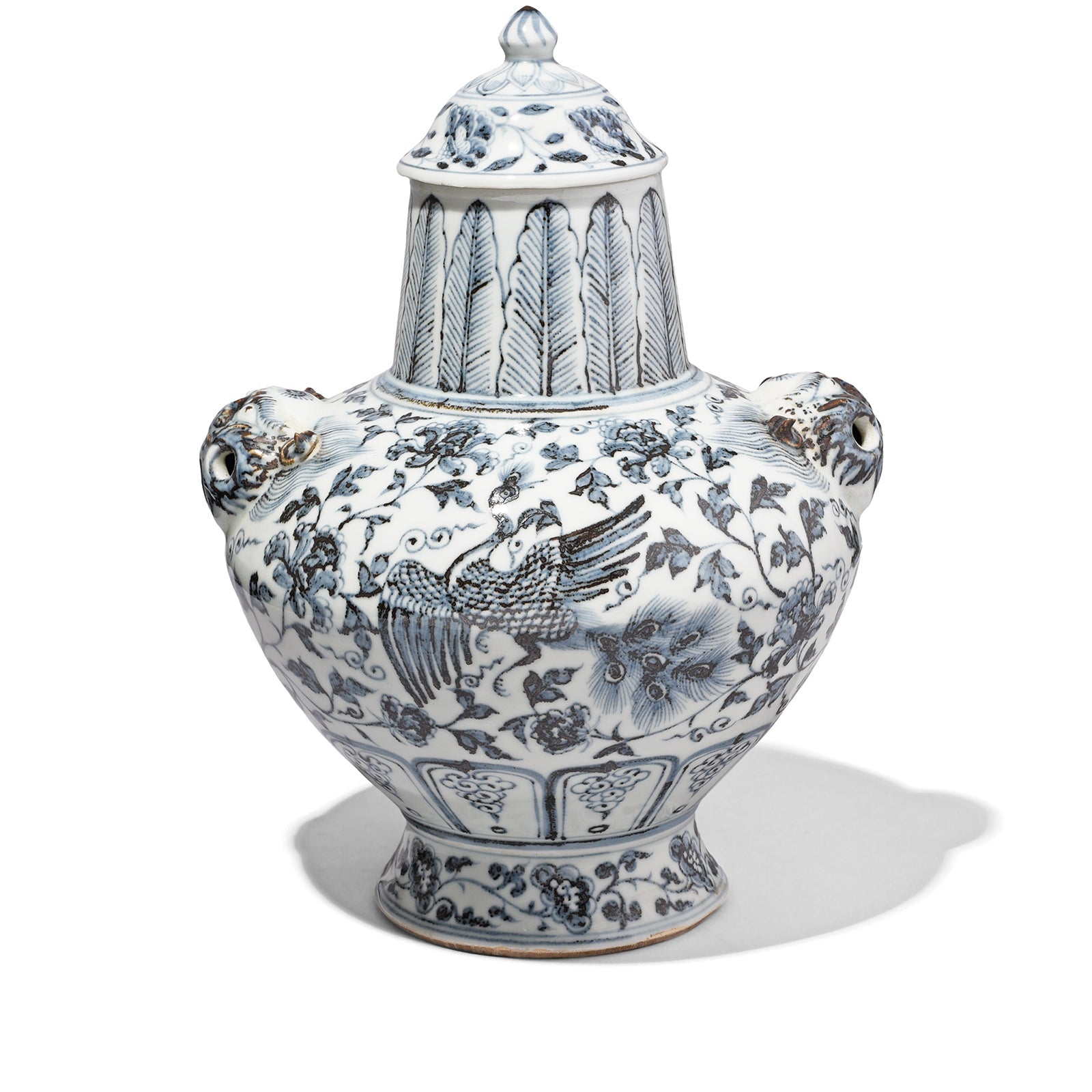 Hongwu Blue & White Porcelain Lidded Wine Jar - Peonies & Phoenix