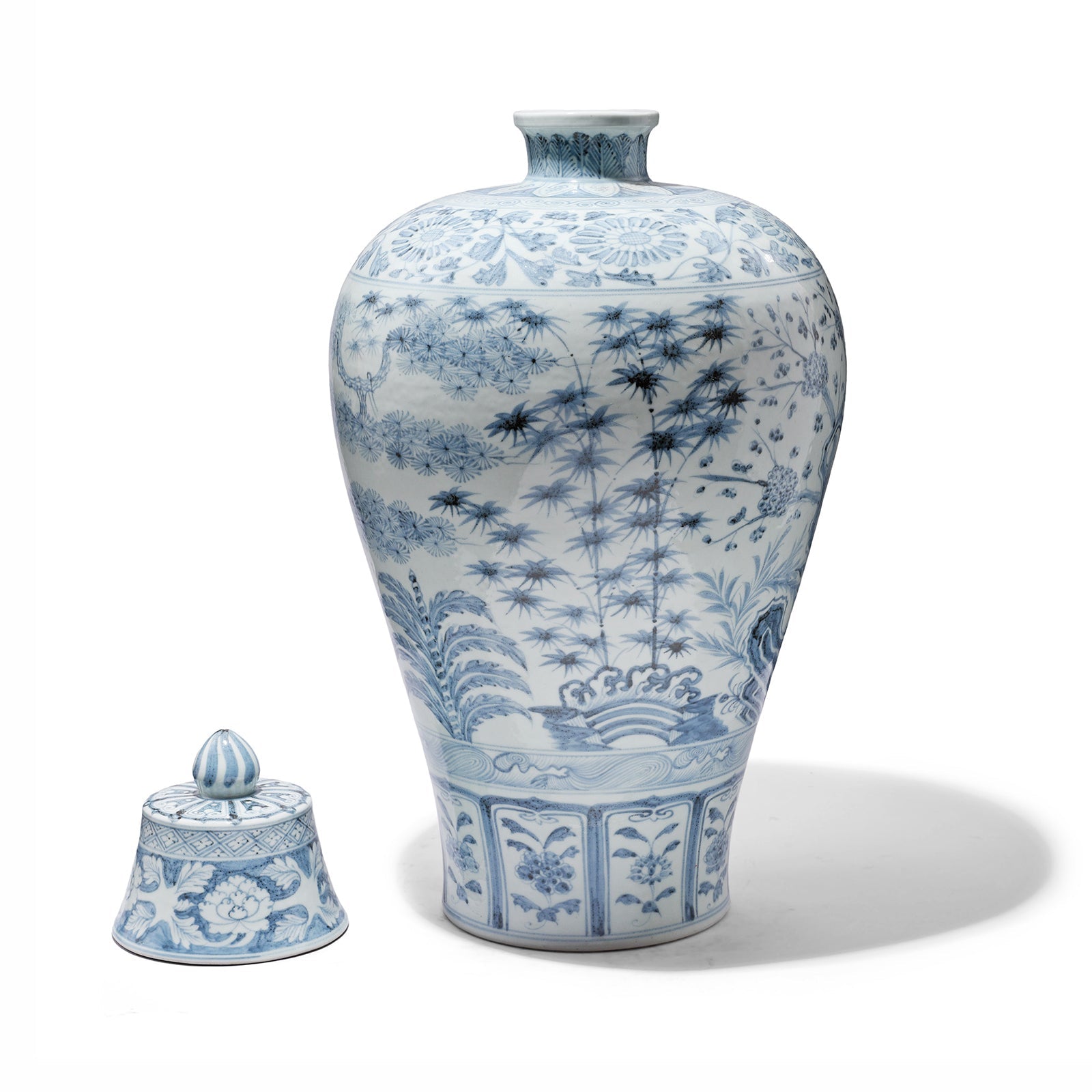 Blue & White Porcelain Temple Jar - Four Tree Design