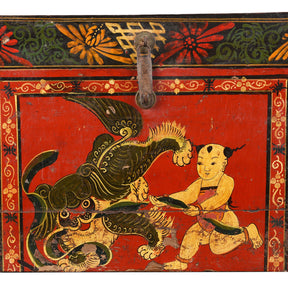 Painted Wedding Box From Shanxi - Foo Dog & Child - Late 19th Century
