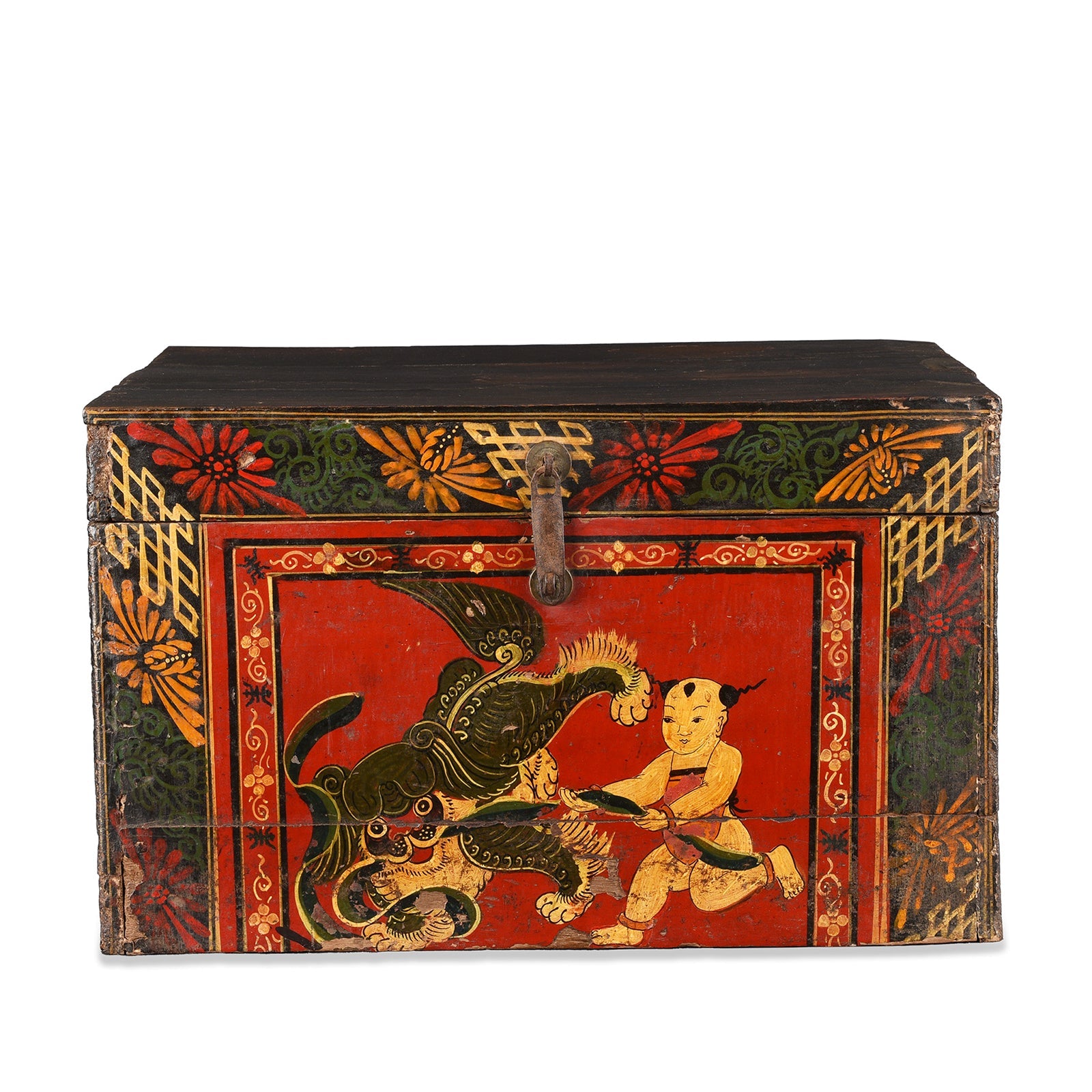Painted Wedding Box From Shanxi - Foo Dog & Child - Late 19th Century