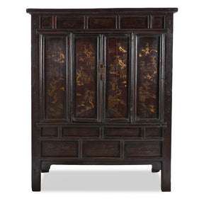 Chinese Black Lacquer Wedding Cabinet From Shanxi  - 19th Century