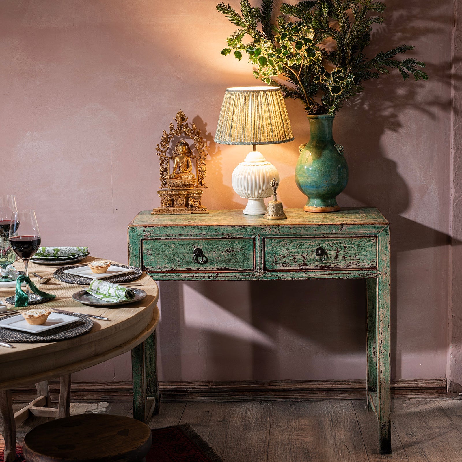 Green Lacquer 2 Drawer Console Table