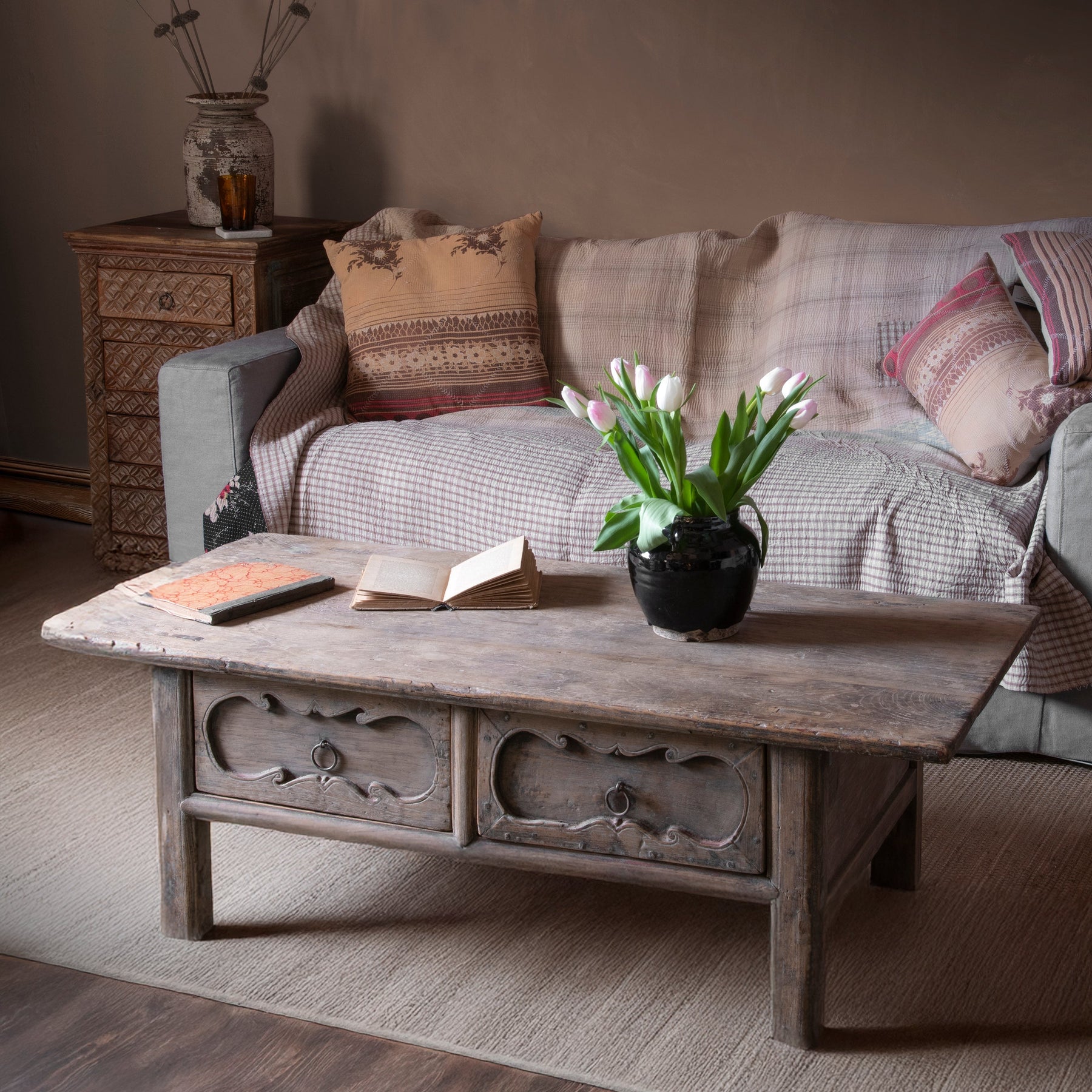 Elm Coffee Table With Drawers From Shandong - 19th Century