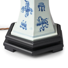 Blue & White Porcelain Tall Table Lamp - Lucky Symbols