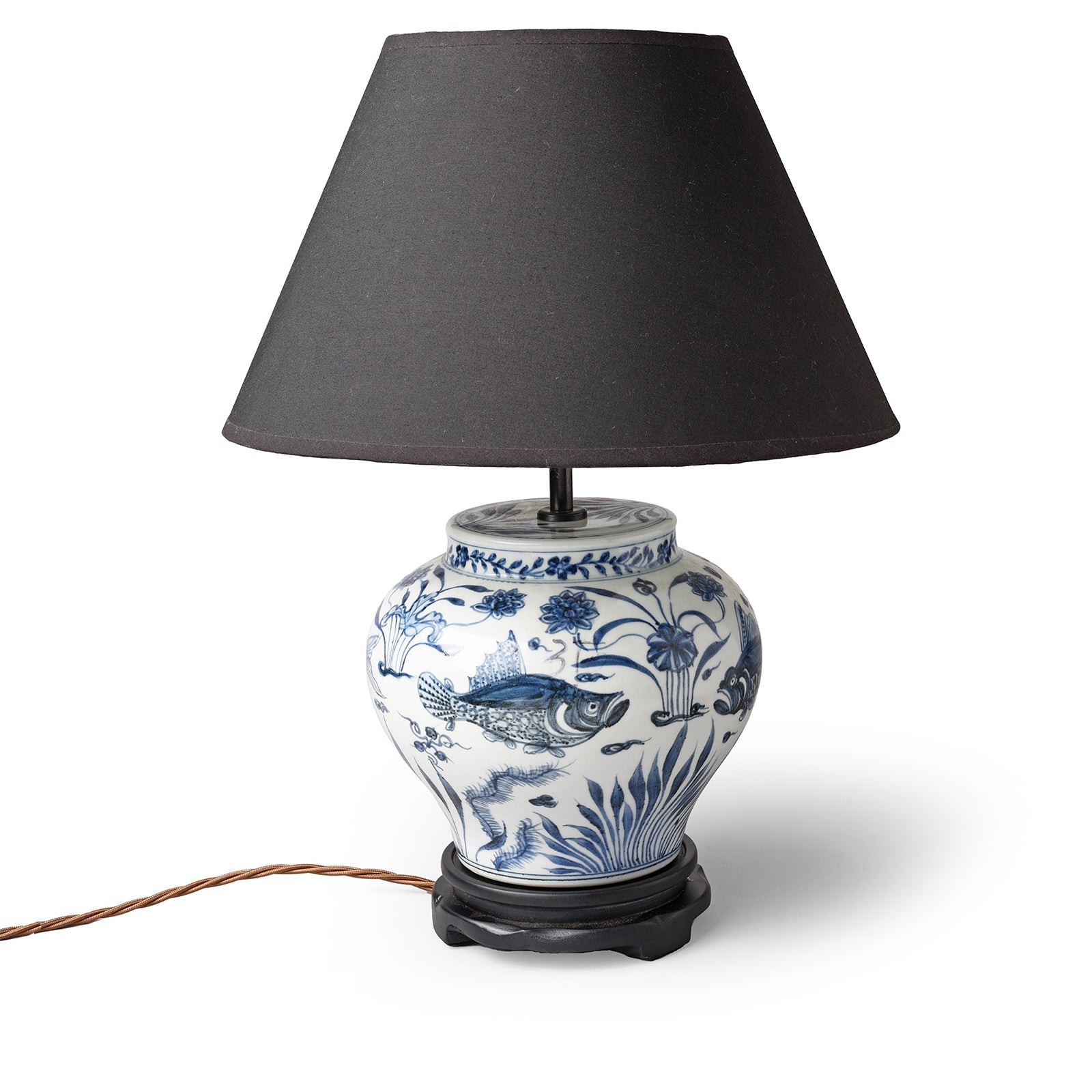 Chinese Blue & White Porcelain Table Lamp - Fish Design