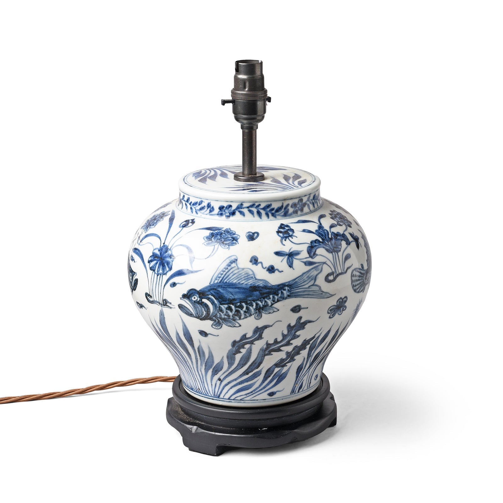 Chinese Blue & White Porcelain Table Lamp - Fish Design