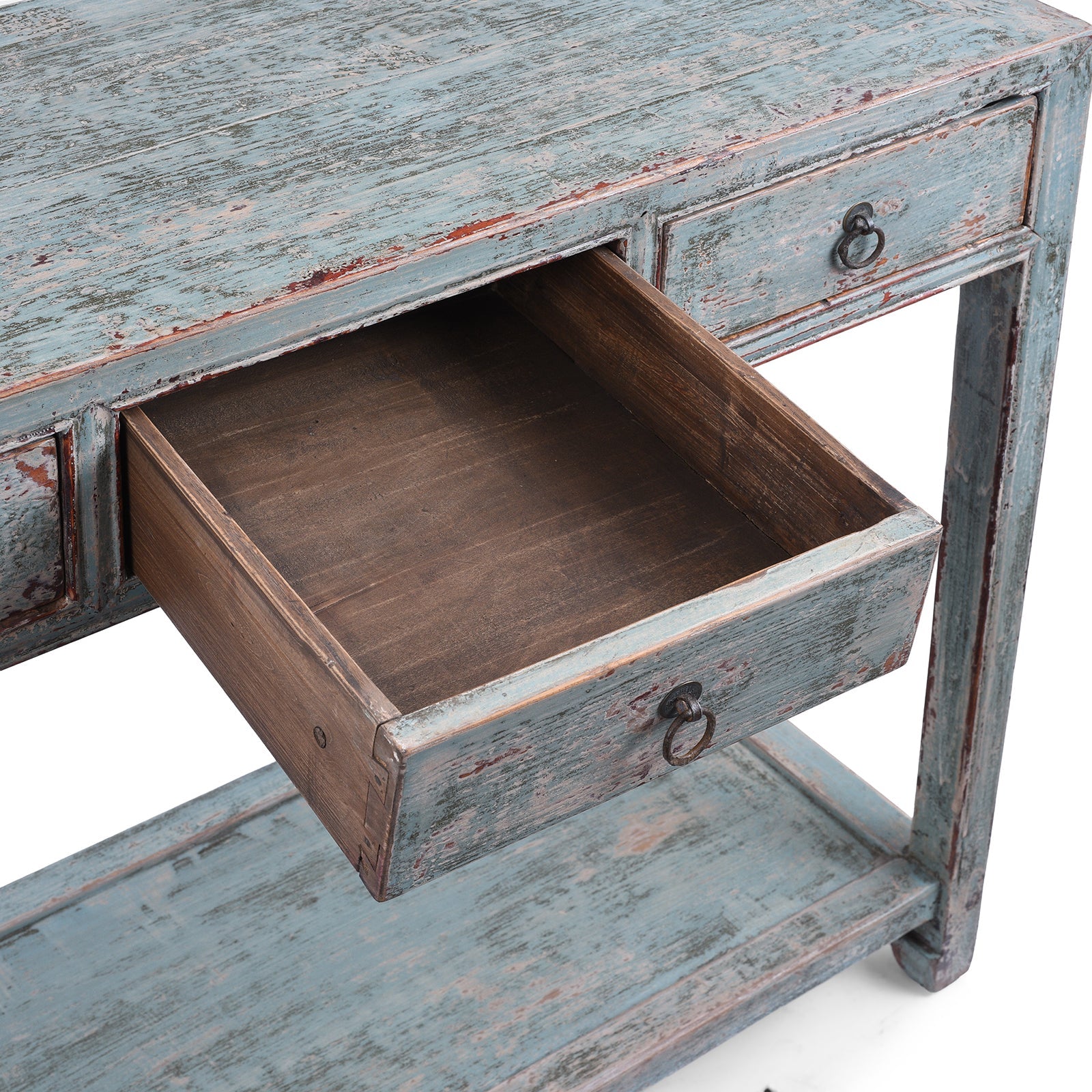Reproduction Chinese Turquoise Lacquer 3 Drawer Console Table From Shandong