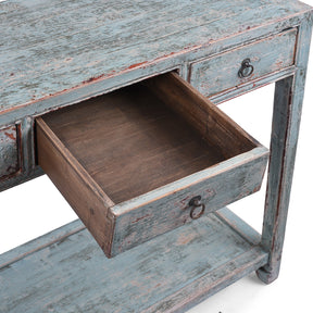 Reproduction Chinese Turquoise Lacquer 3 Drawer Console Table From Shandong