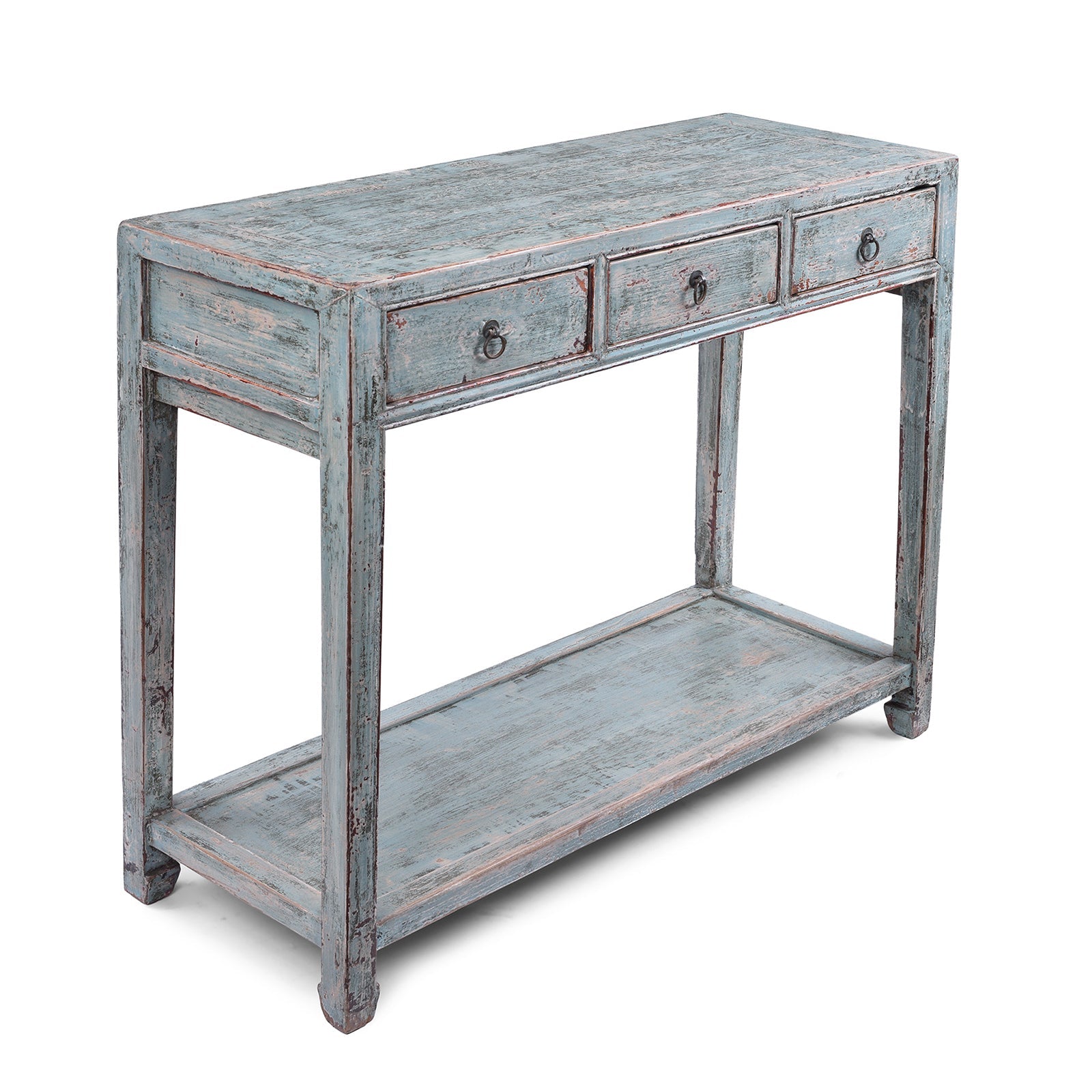 Reproduction Chinese Turquoise Lacquer 3 Drawer Console Table From Shandong