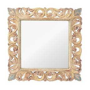 Carved Mango Mirror - Painted Yellow + Blue Frame