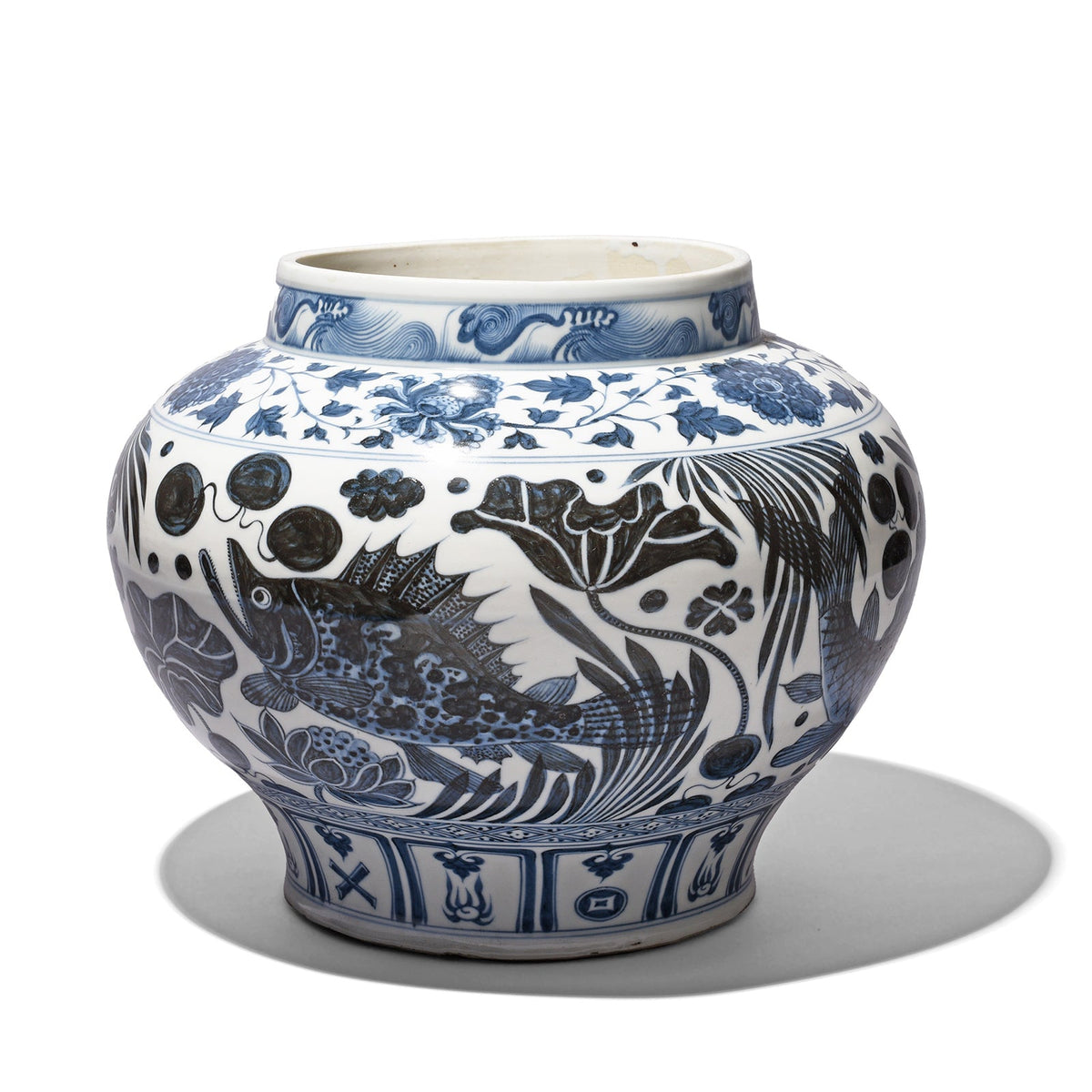 Blue & White Porcelain Jardinière - Fish Design