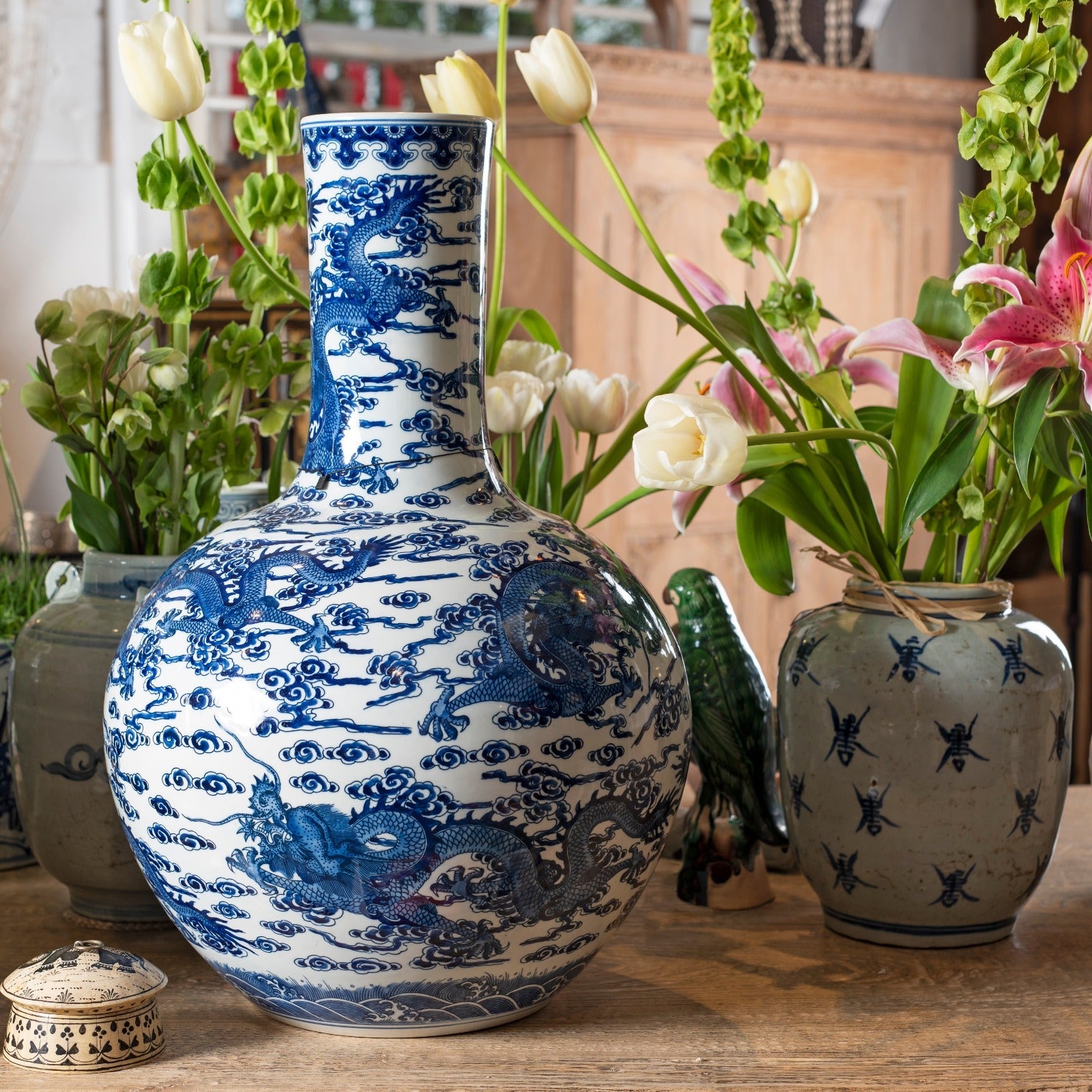 Blue & White Porcelain Tianqiuping Dragon Vase