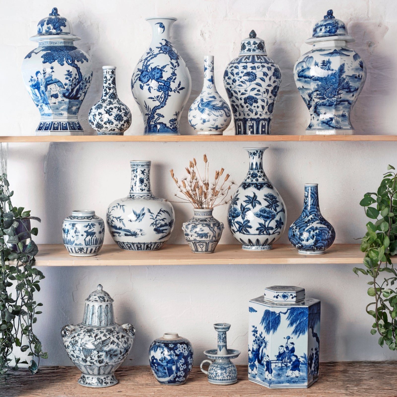 Hongwu Blue & White Porcelain Lidded Wine Jar - Peonies & Phoenix
