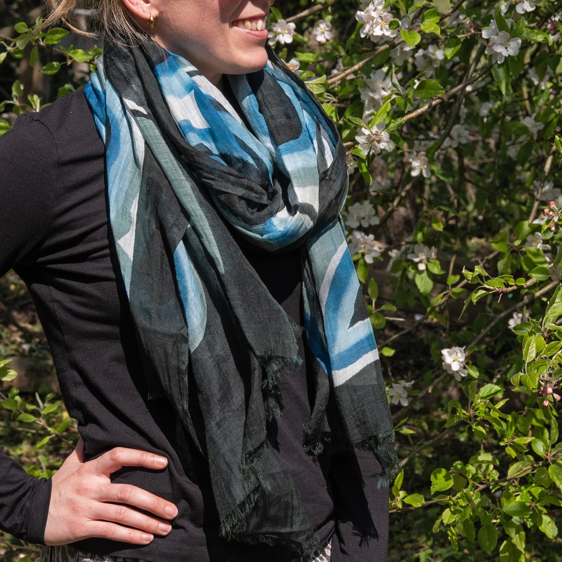 Hand Painted Cotton/Silk Indigo Abstract Design Shawl - Sarong