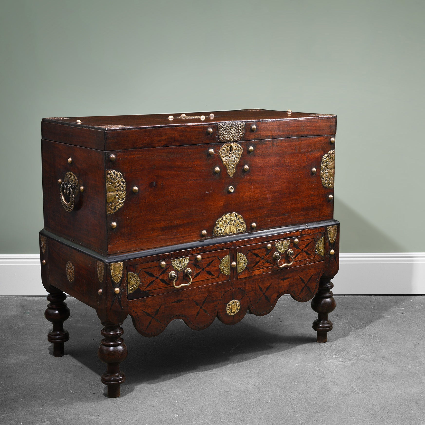 Dutch Colonial Jackfruit Wood & Brass Chest on Stand -18thC