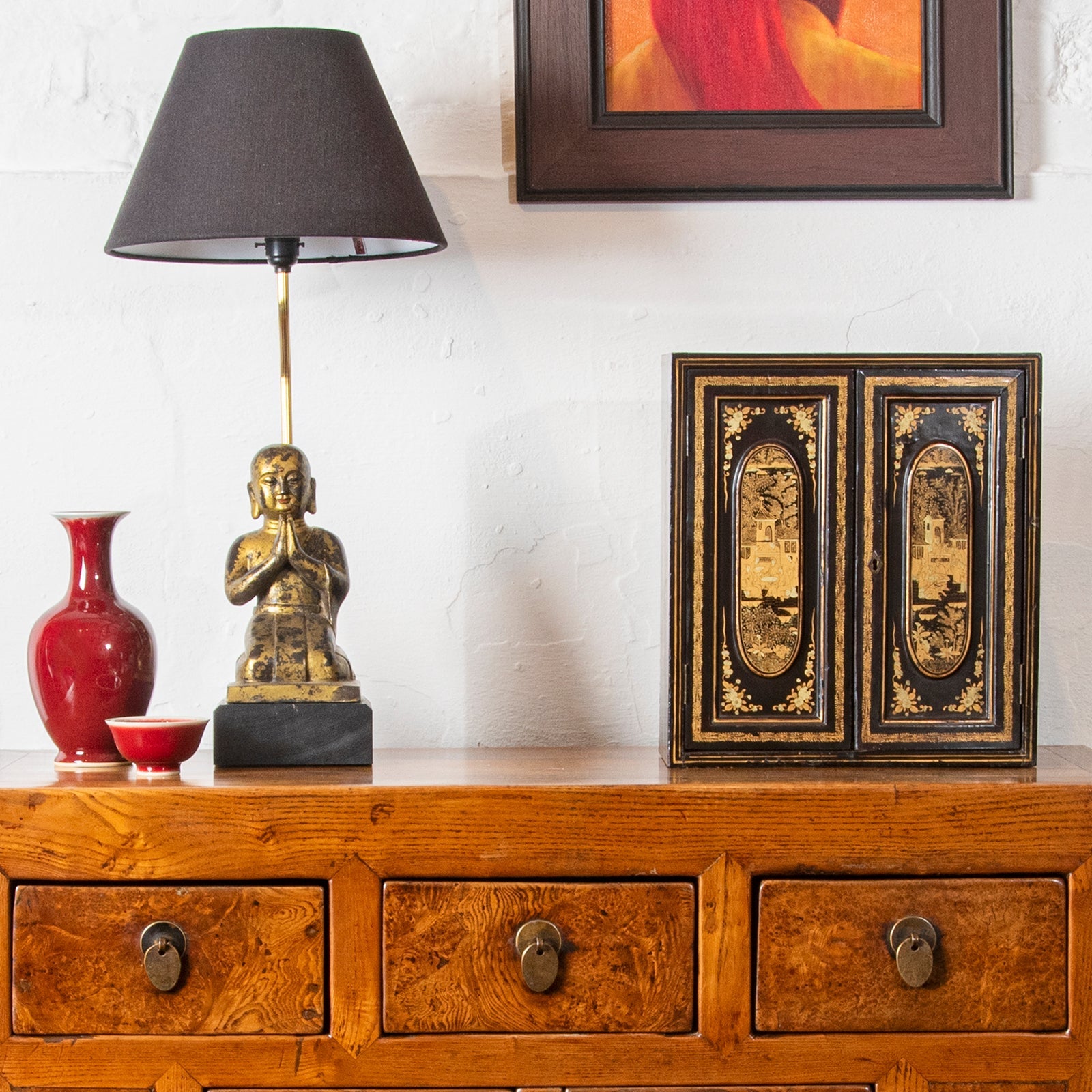 Gilt Black Lacquer Canton Export Jewellery Cabinet - 19th Century