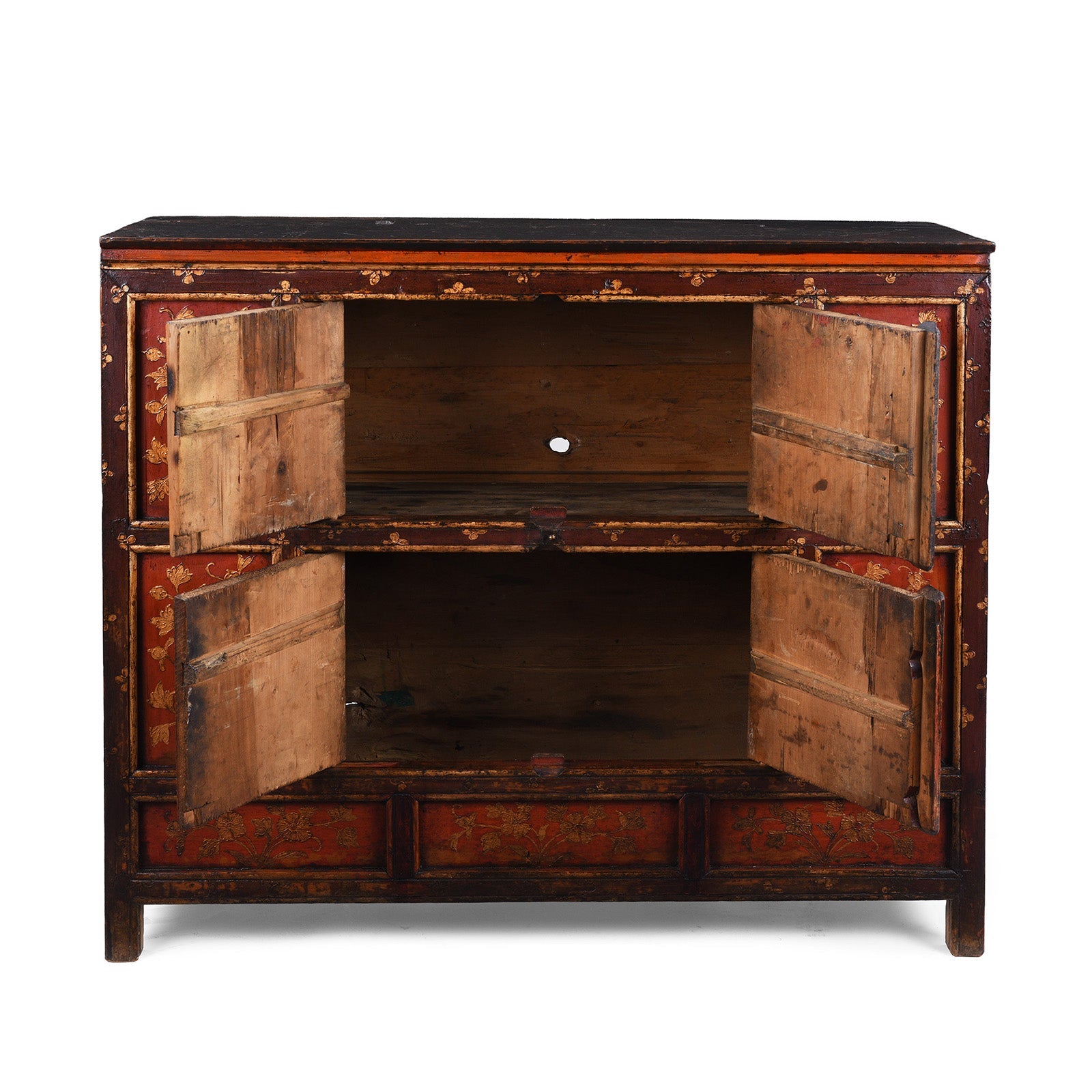 Red & Gold Painted Tibetan Altar Cabinet- 19th Century