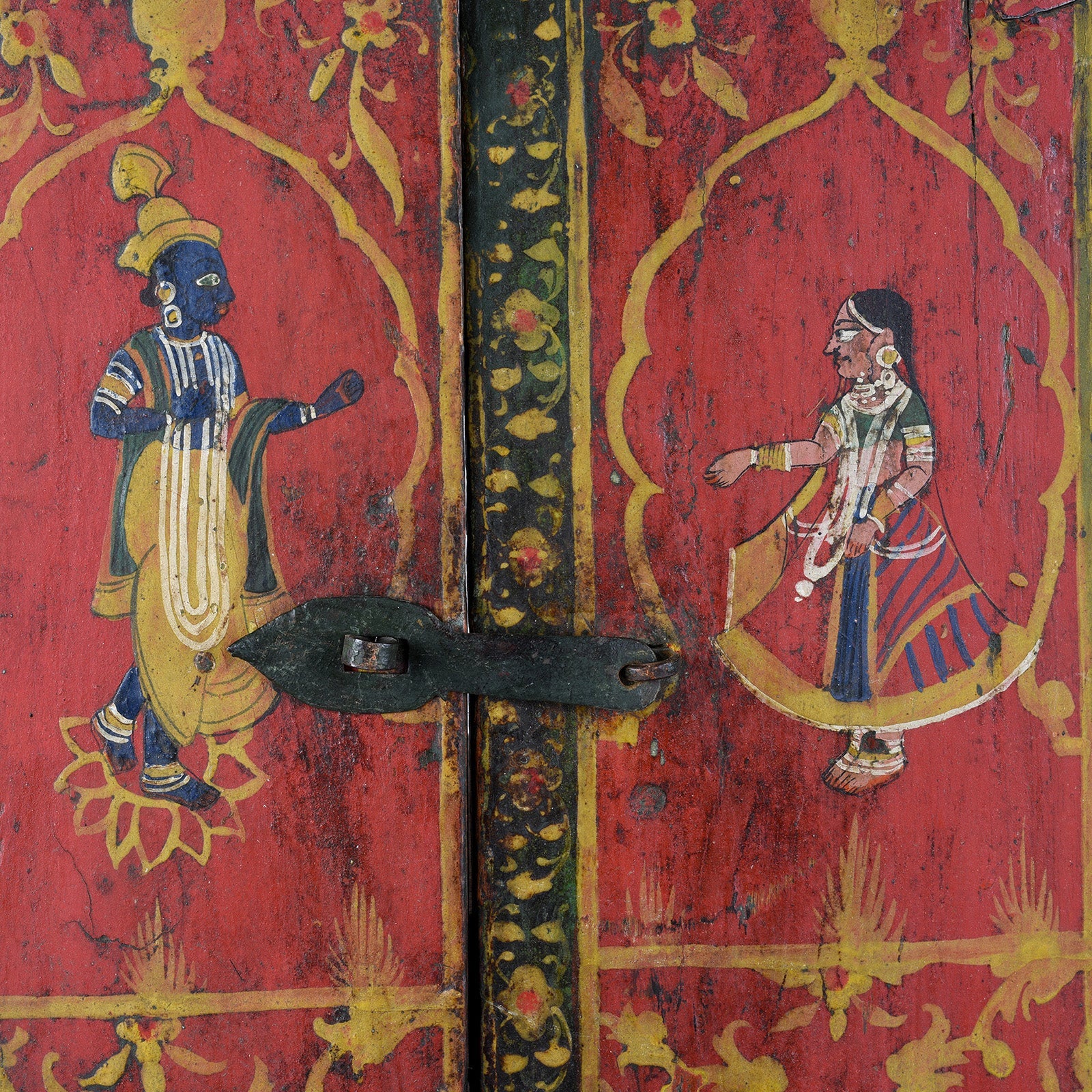 Painted Radha Krishna Window Shutter - 19th Century