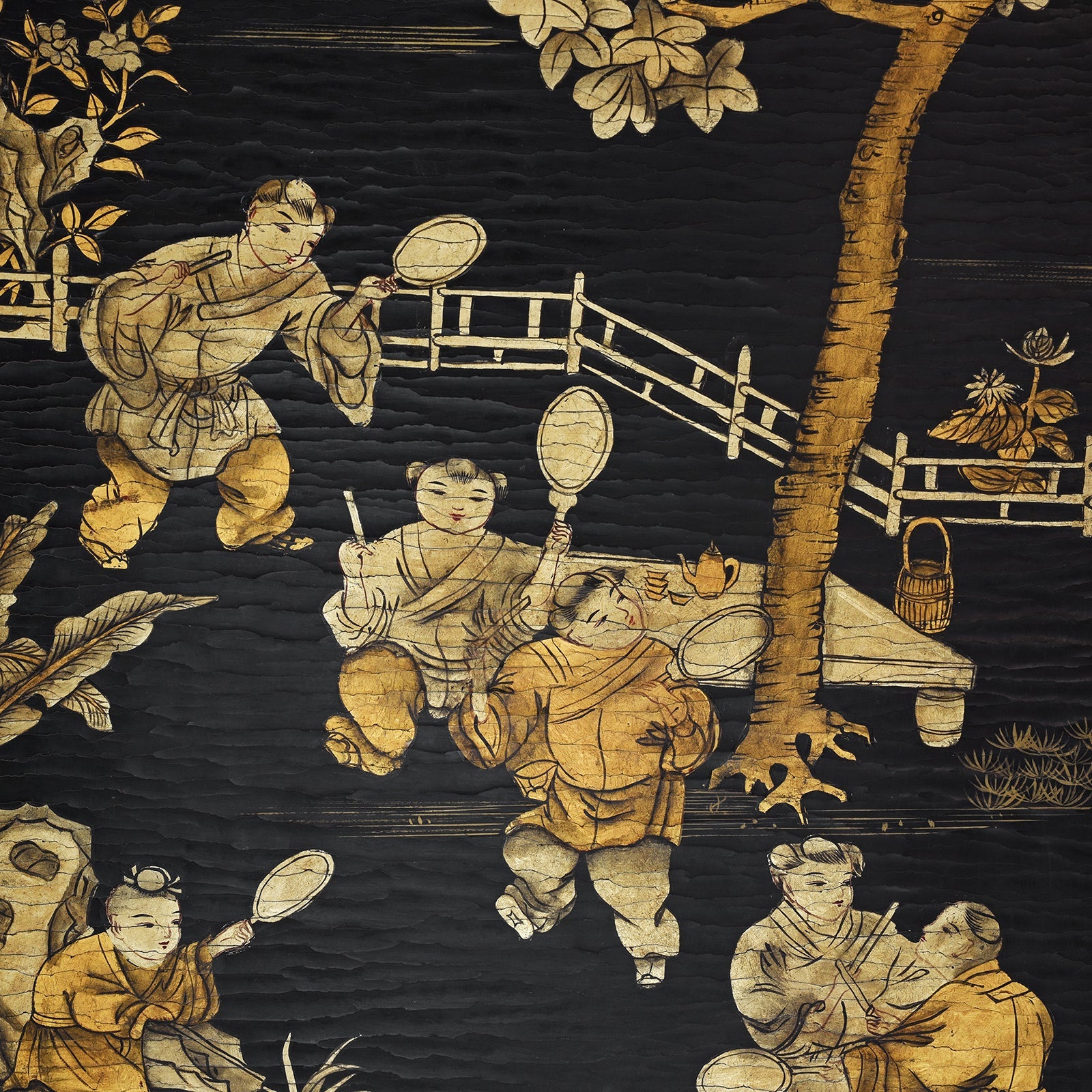 Chinese Export Black &amp; Gilt Lacquer Four-Fold Screen – Circa 1920