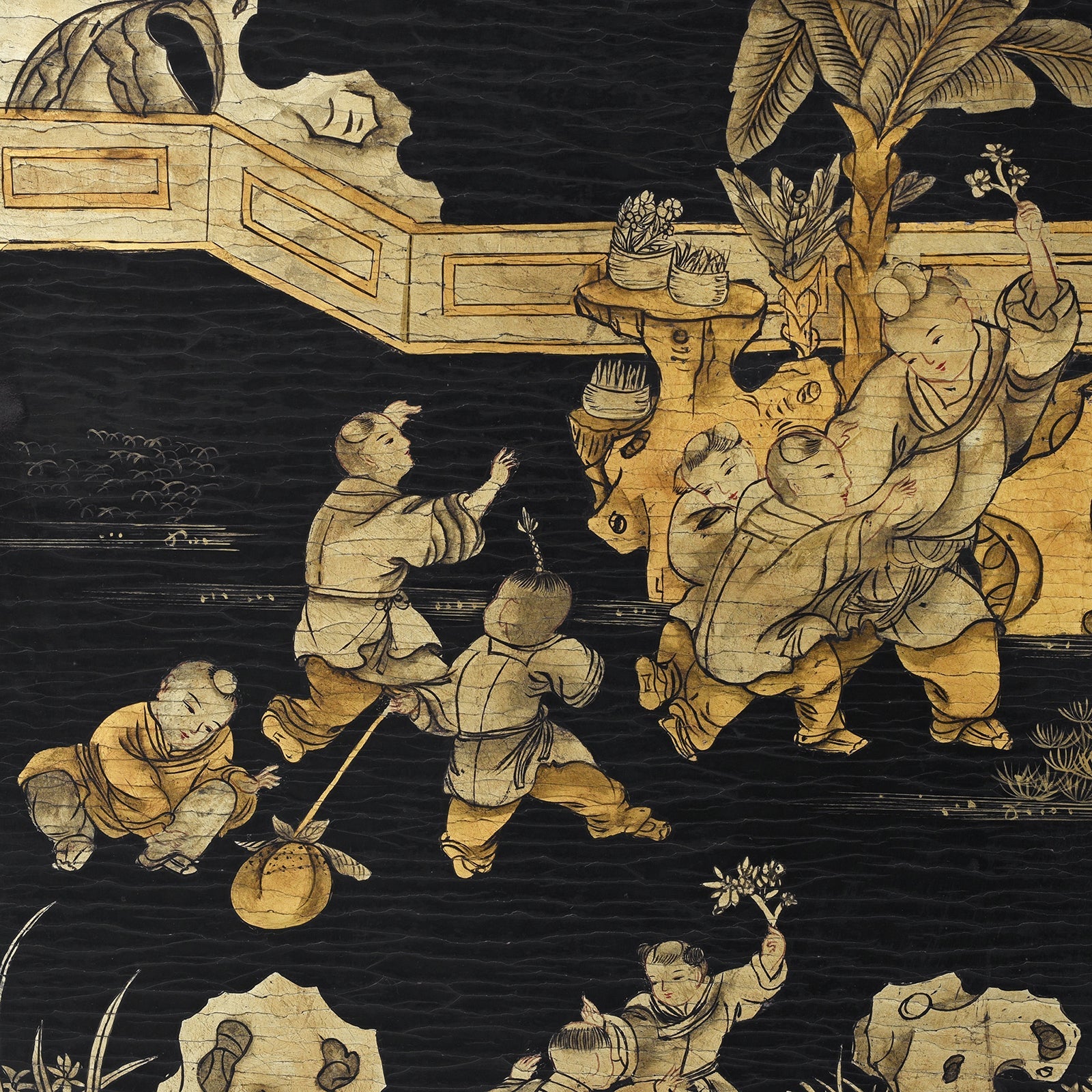 Chinese Export Black &amp; Gilt Lacquer Four-Fold Screen – Circa 1920
