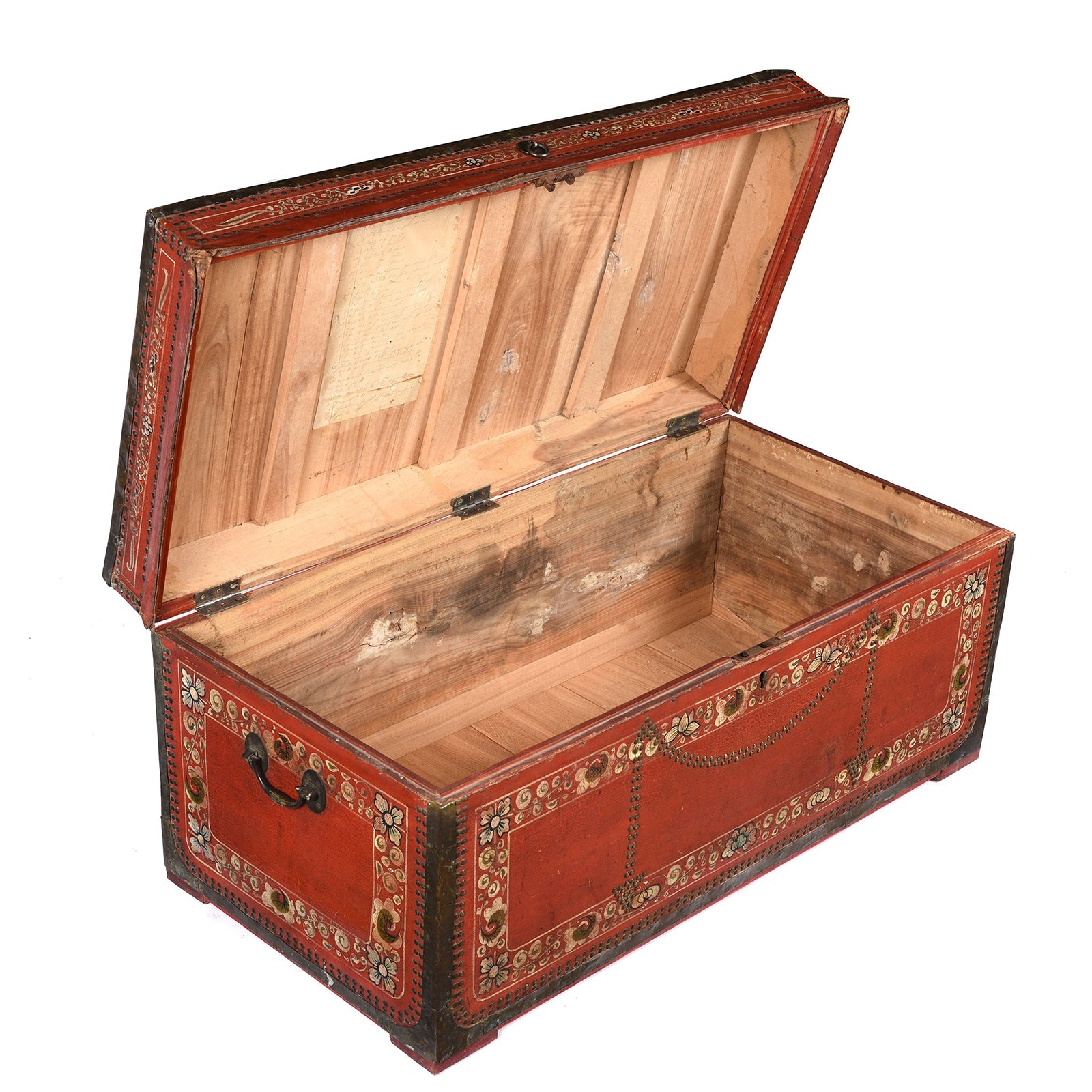 Painted Red Leather Camphor Trunk - Early 19thC