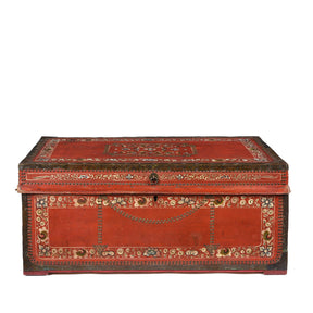 Painted Red Leather Camphor Trunk - Early 19thC