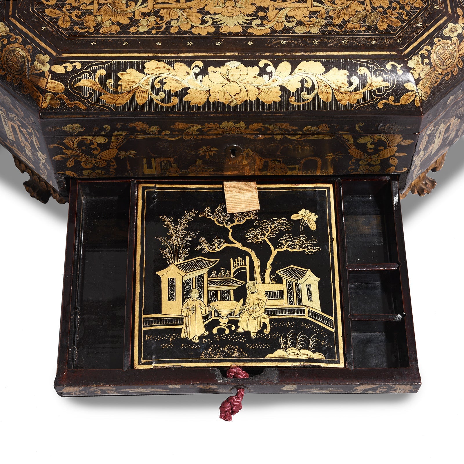 Gilt Black Lacquer Chinese Export Sewing Box - Early 19th Century