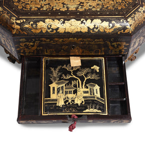 Gilt Black Lacquer Chinese Export Sewing Box - Early 19th Century