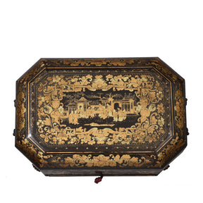 Gilt Black Lacquer Chinese Export Sewing Box - Early 19th Century