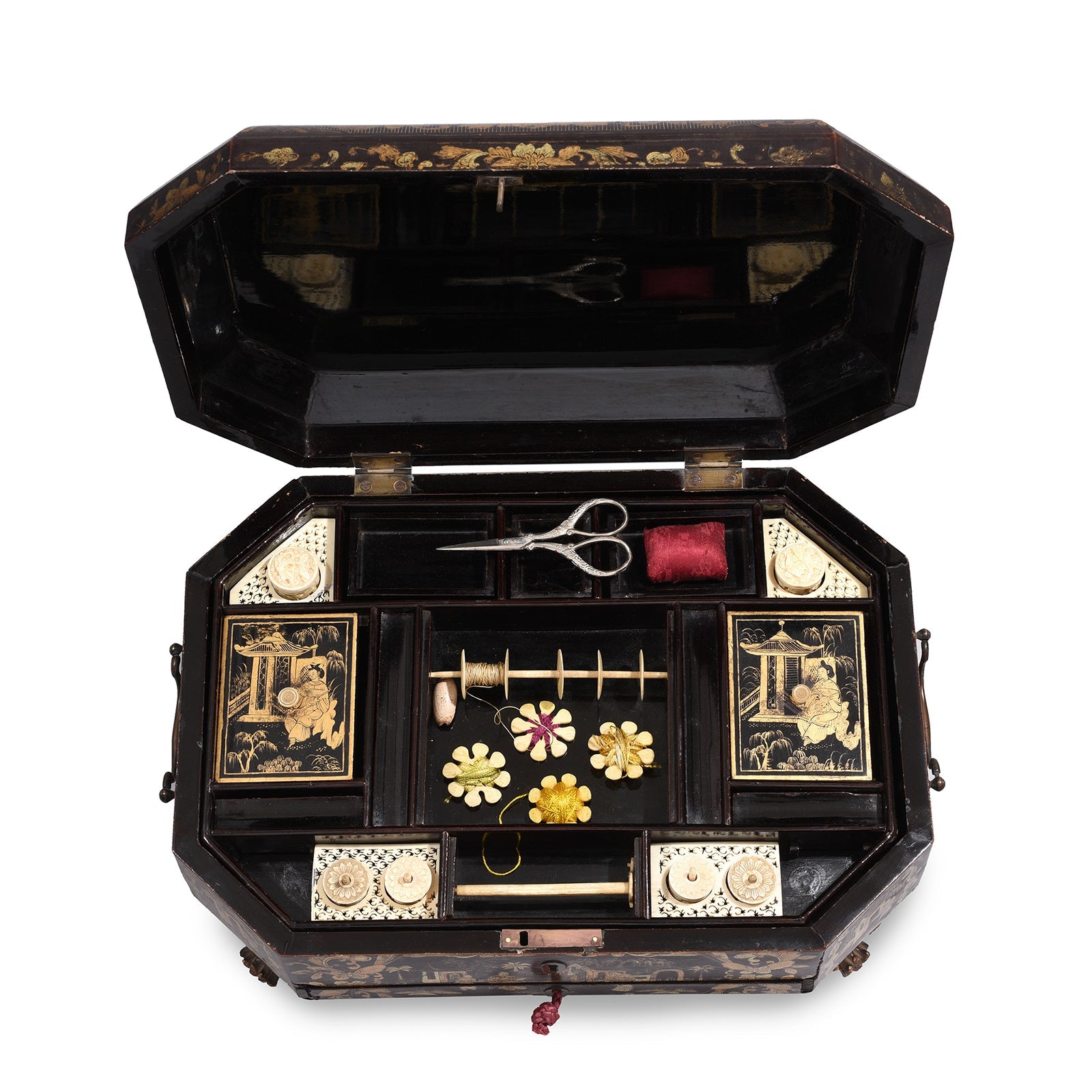 Gilt Black Lacquer Chinese Export Sewing Box - Early 19th Century