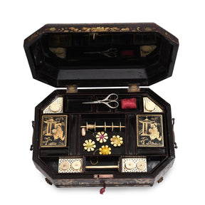 Gilt Black Lacquer Chinese Export Sewing Box - Early 19th Century