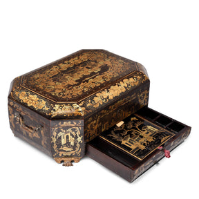 Gilt Black Lacquer Chinese Export Sewing Box - Early 19th Century