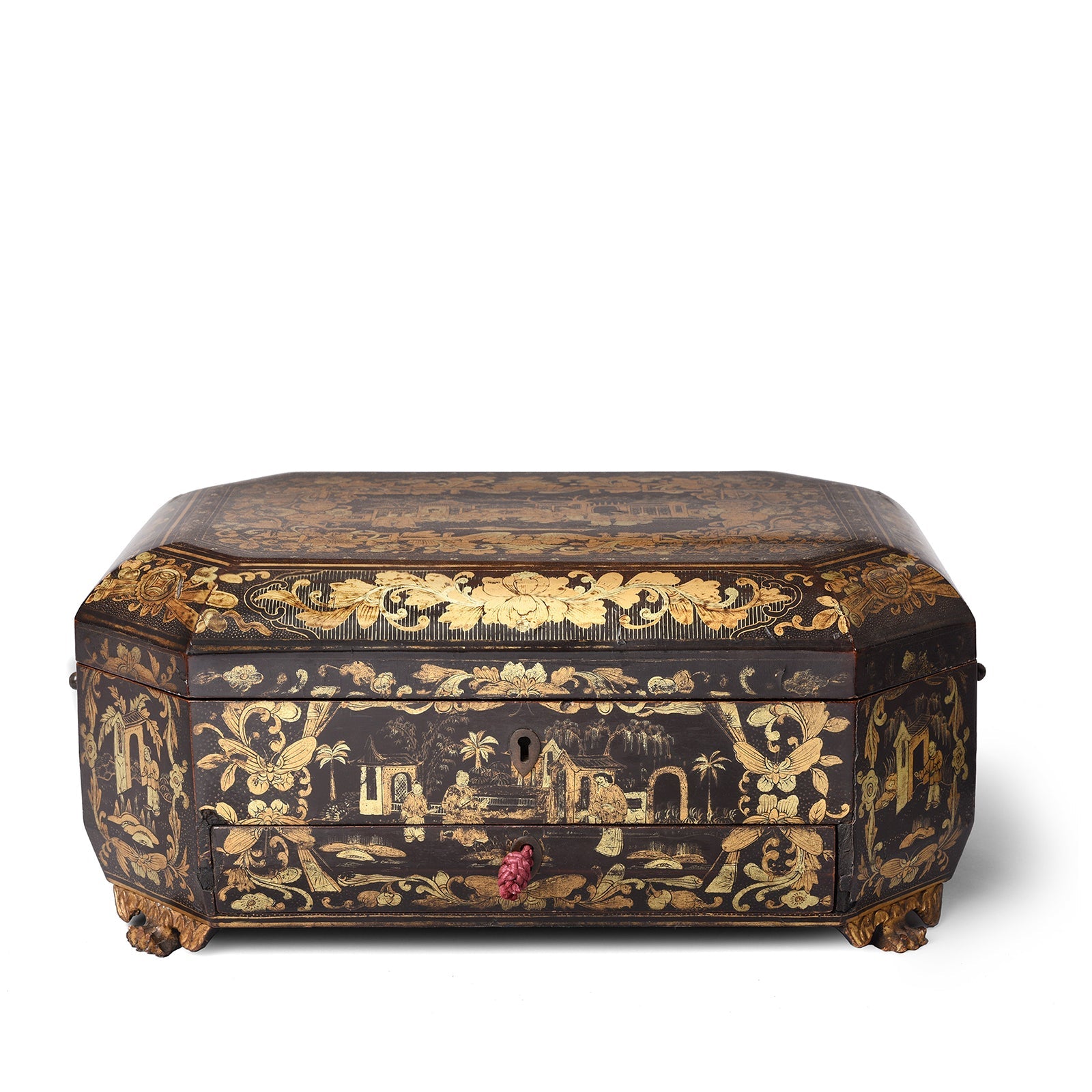 Gilt Black Lacquer Chinese Export Sewing Box - Early 19th Century