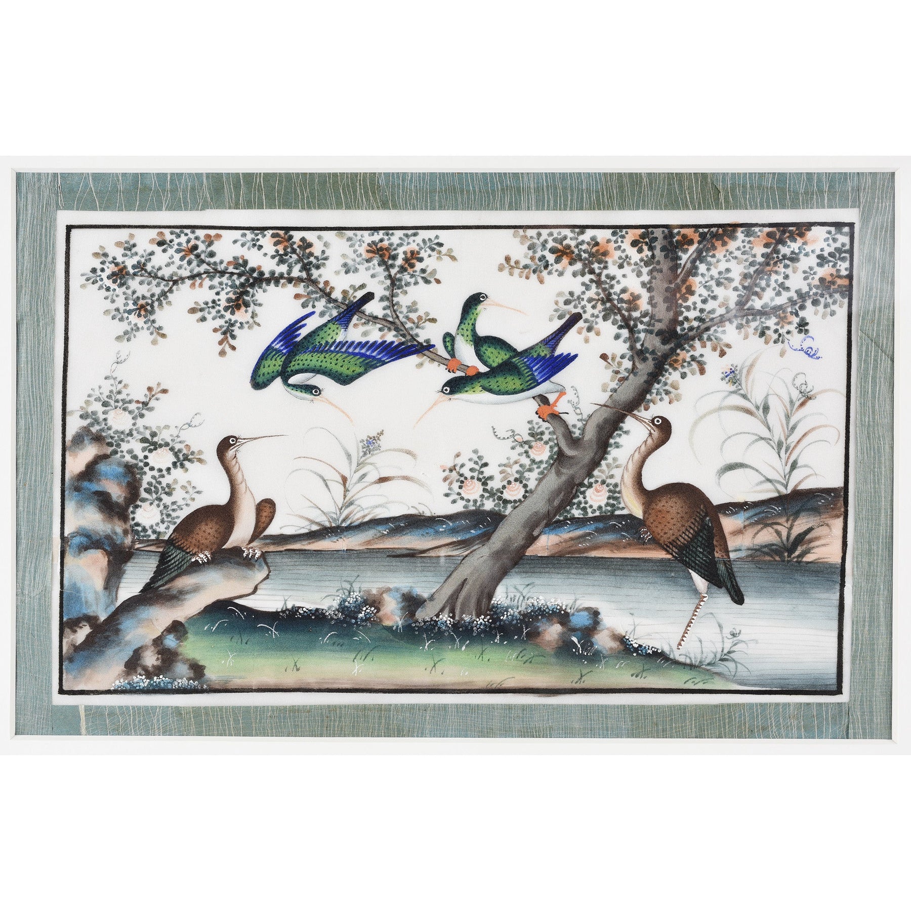 Framed Watercolour Painting of Birds on Pith Paper - 19thC