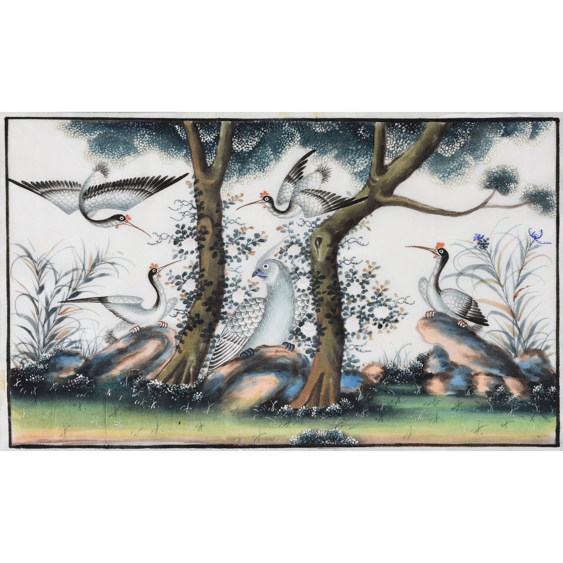 Framed Watercolour Painting of Birds on Pith Paper - 19thC