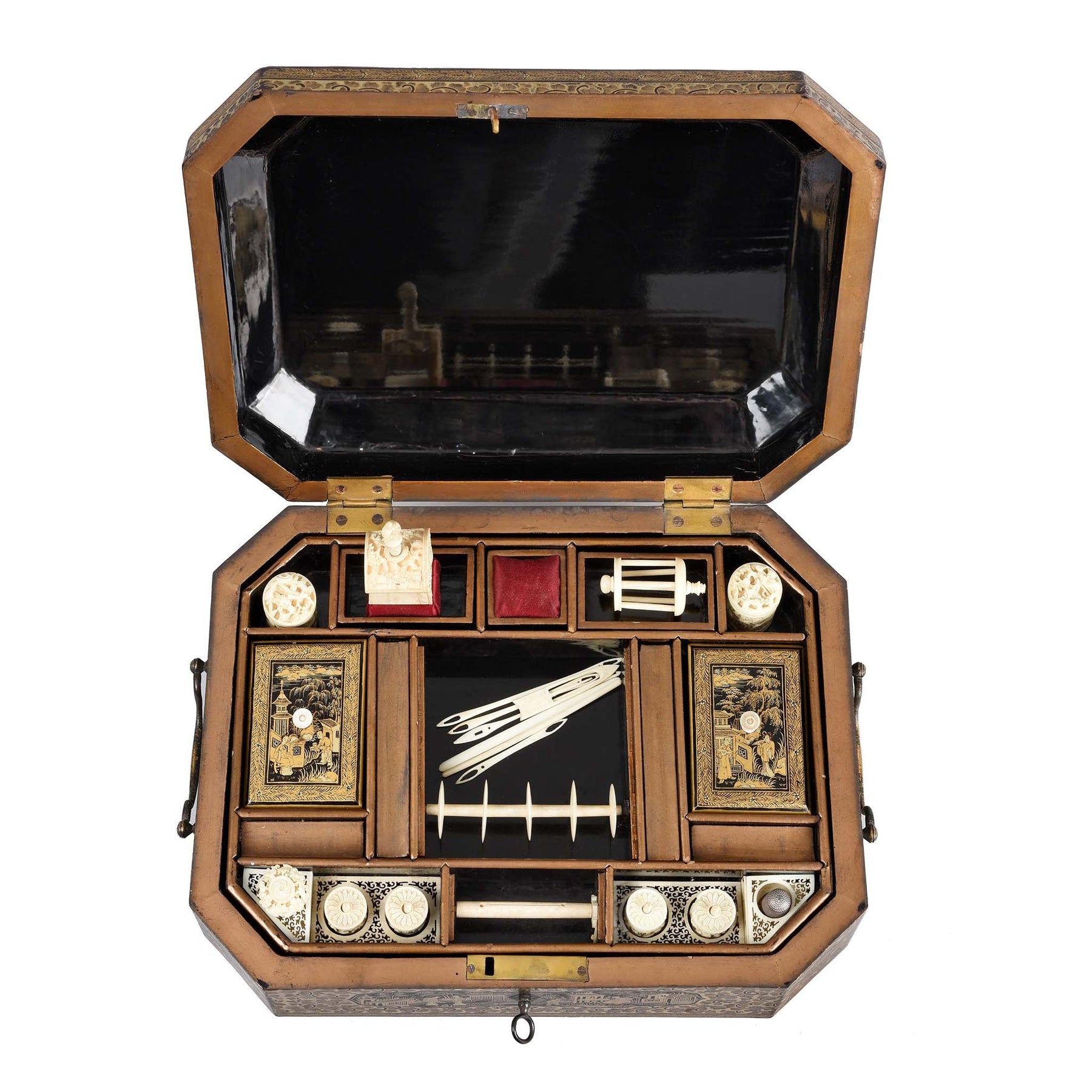 Gilt Black Lacquer Chinese Export Sewing Box - Early 19th Century