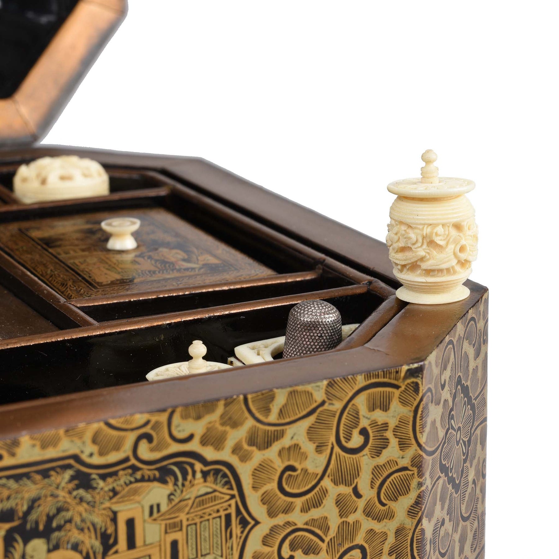 Gilt Black Lacquer Chinese Export Sewing Box - Early 19th Century