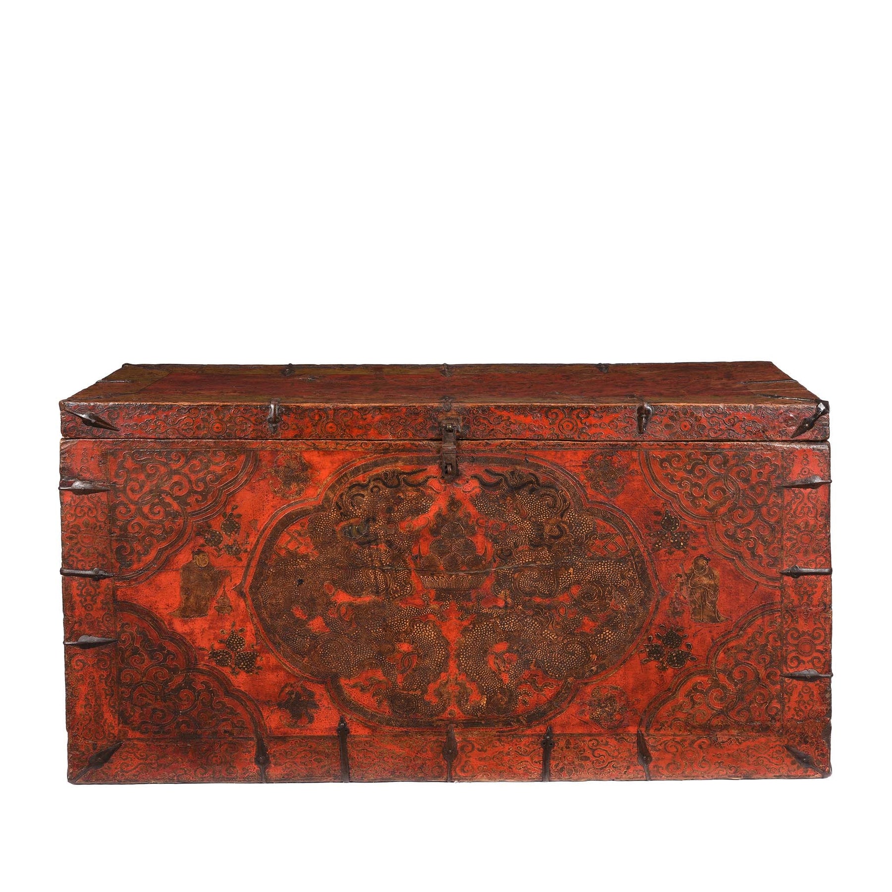 Painted Tibetan 'Double Dragon' Storage Chest - 17th Century