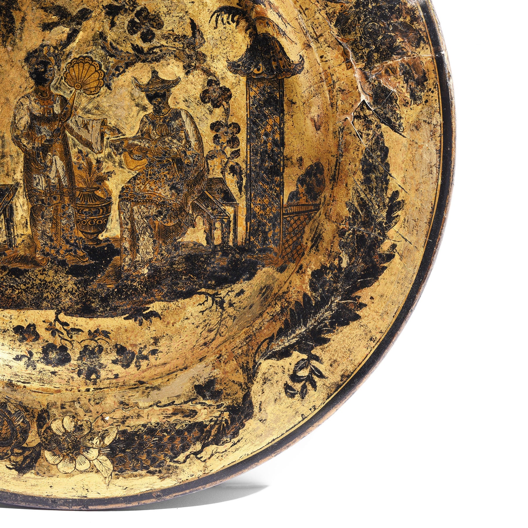 English Chinoiserie Black Lacquer Papiermache Plate - Late 18thC