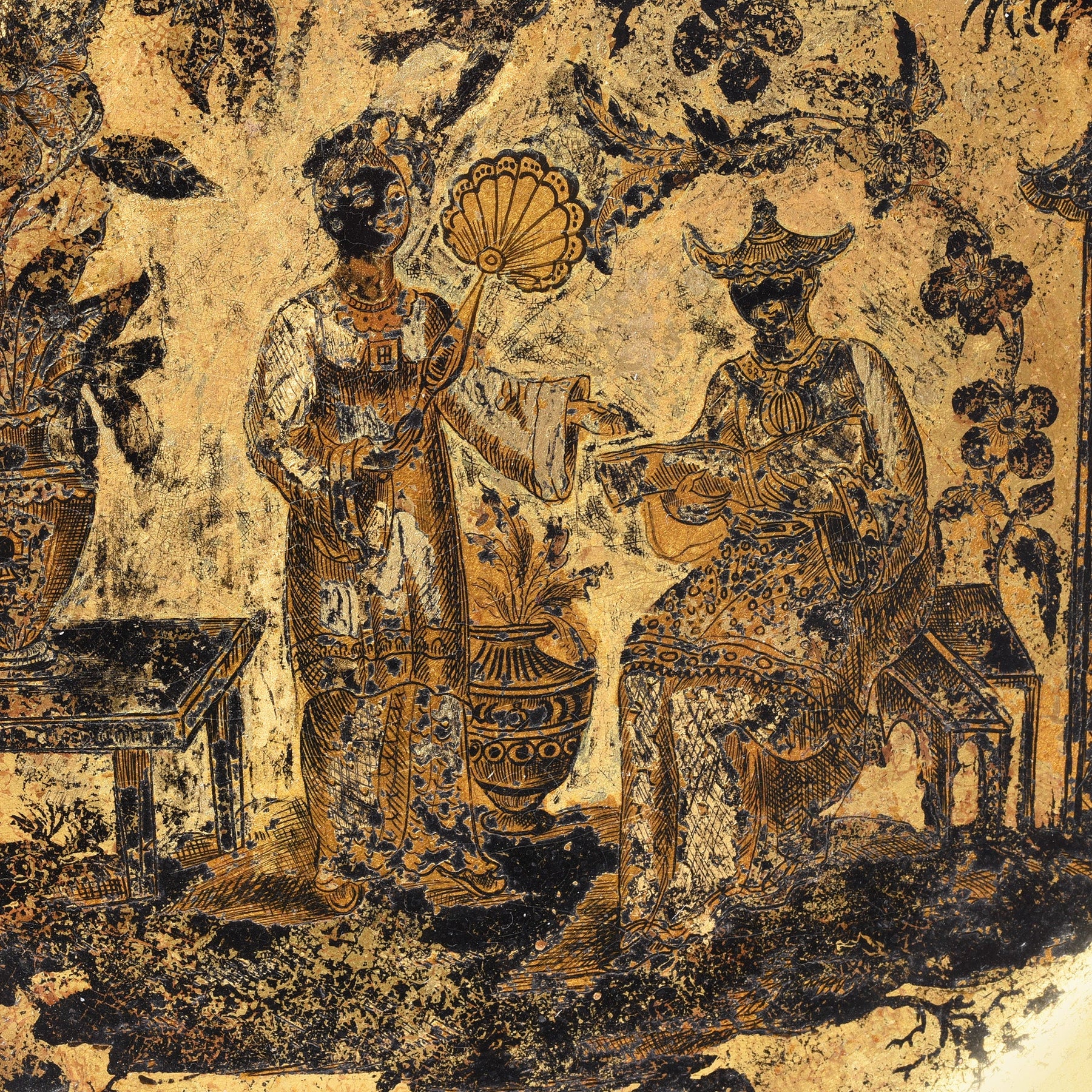 English Chinoiserie Black Lacquer Papiermache Plate - Late 18thC