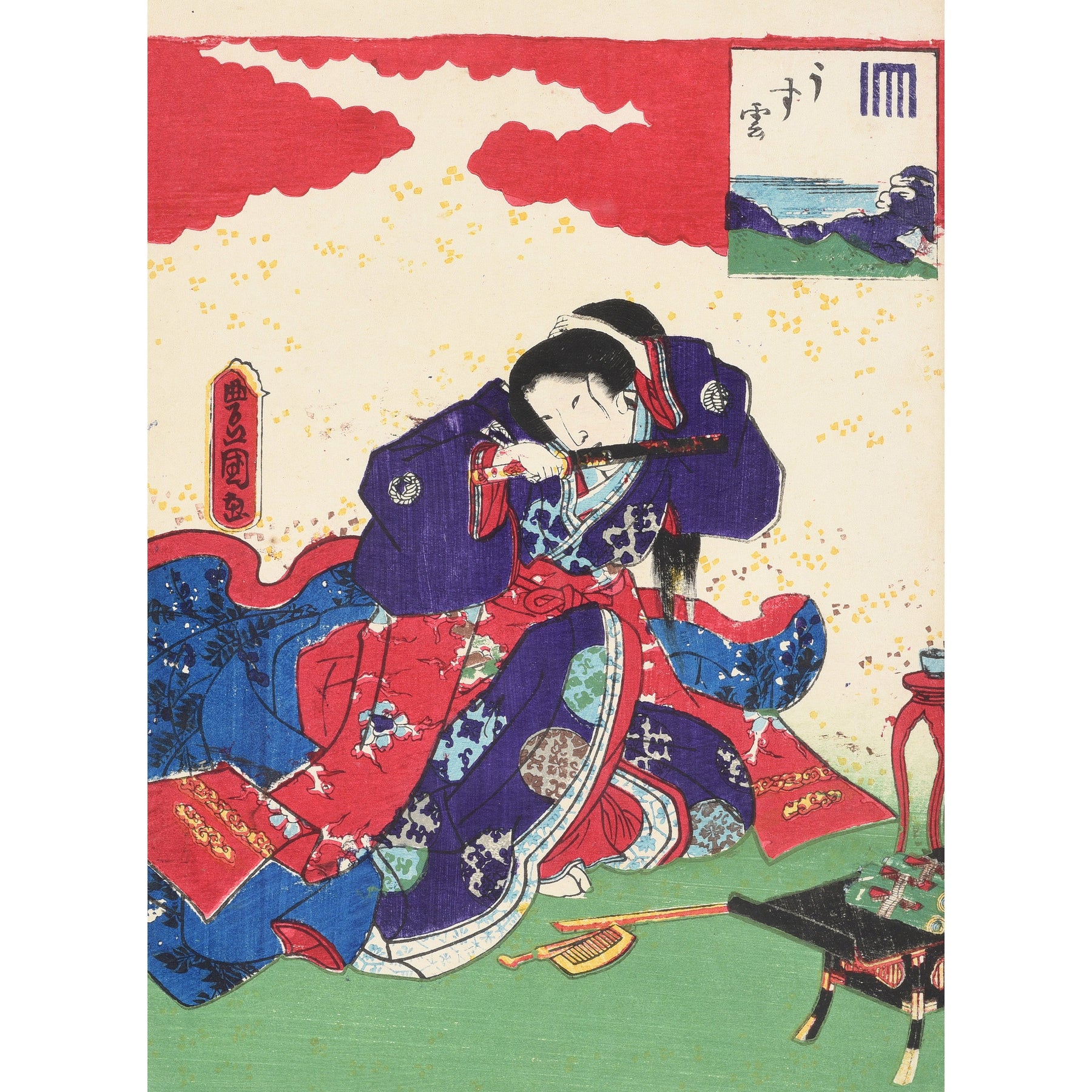 Framed Genji Woodblock Print Oban by Kunisada - 19th Century