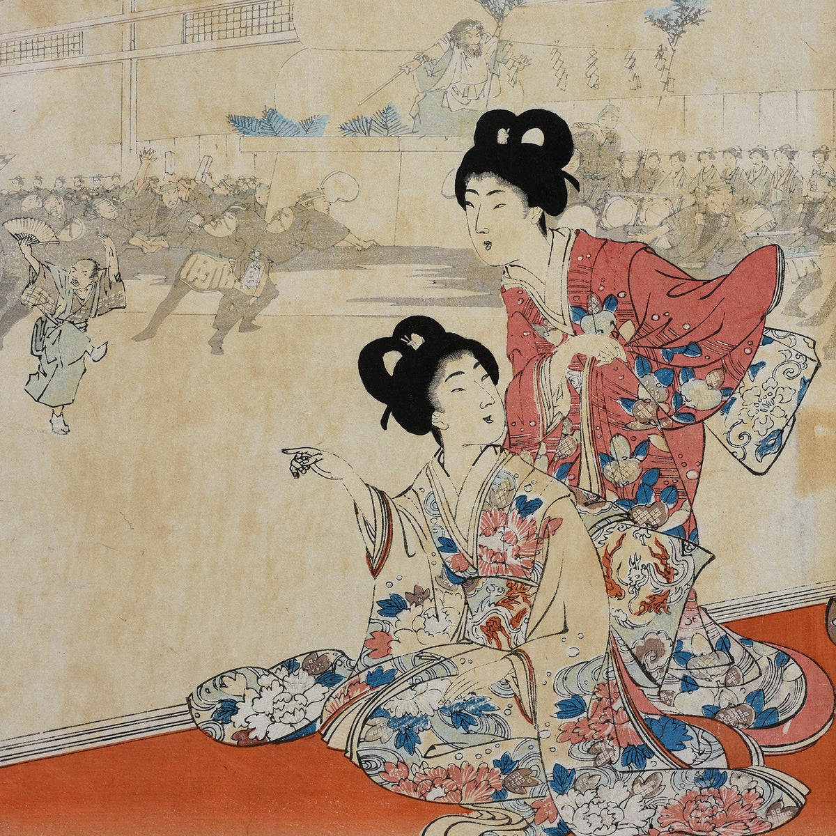 'Rice Cake Parade' Original Woodblock Triptych by Yōshū (Hashimoto) Chikanobu - Ca 1895
