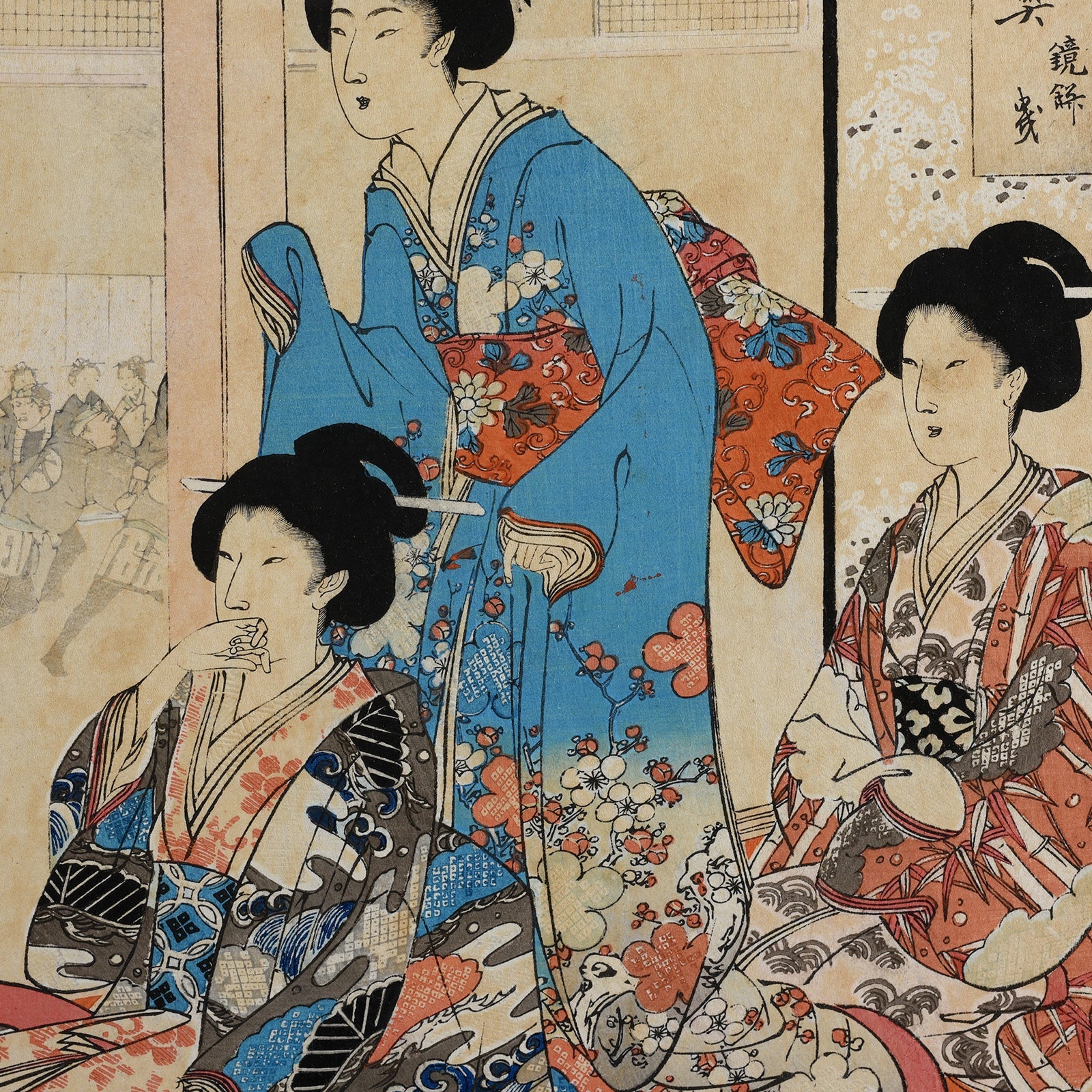 'Rice Cake Parade' Original Woodblock Triptych by Yōshū (Hashimoto) Chikanobu - Ca 1895