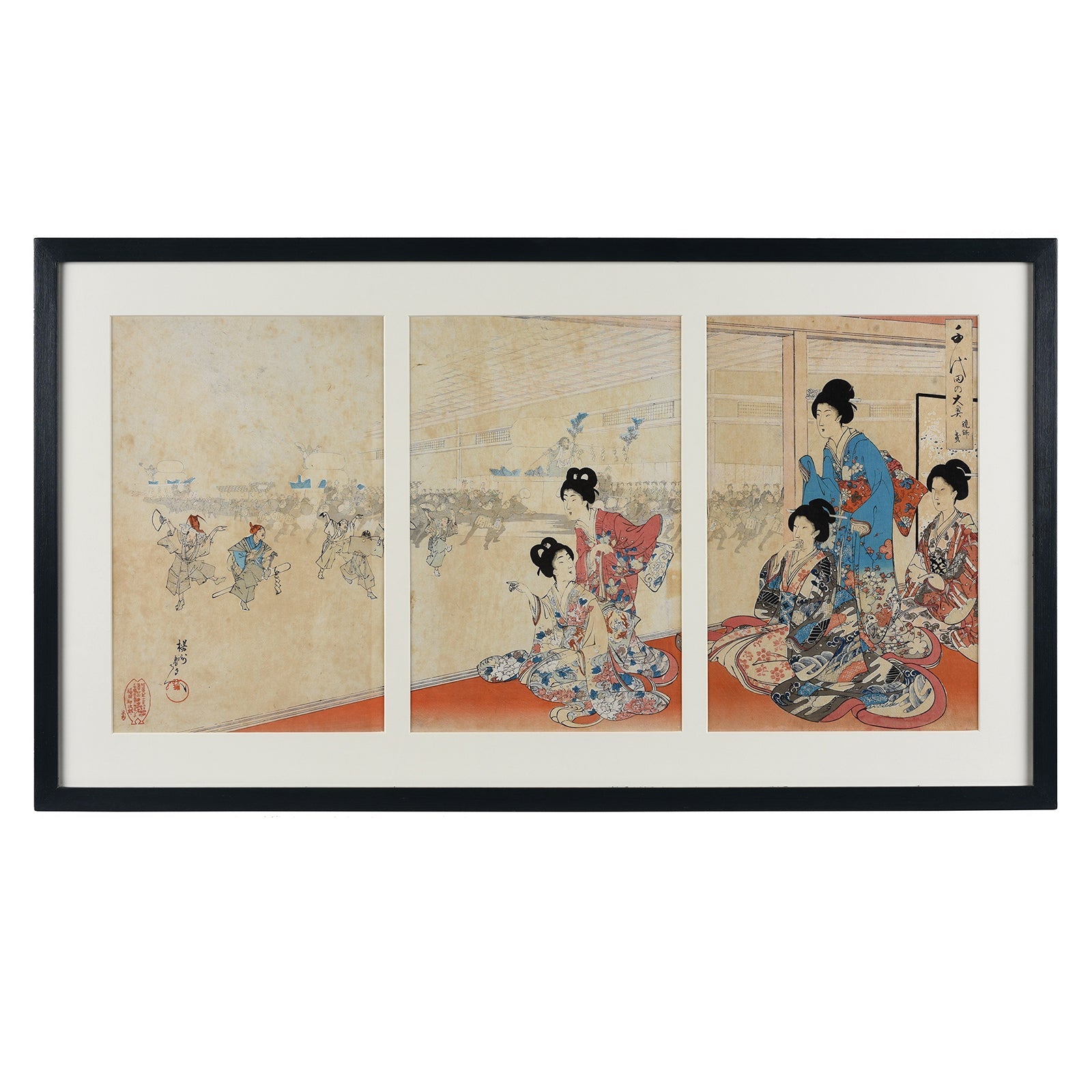 'Rice Cake Parade' Original Woodblock Triptych by Yōshū (Hashimoto) Chikanobu - Ca 1895